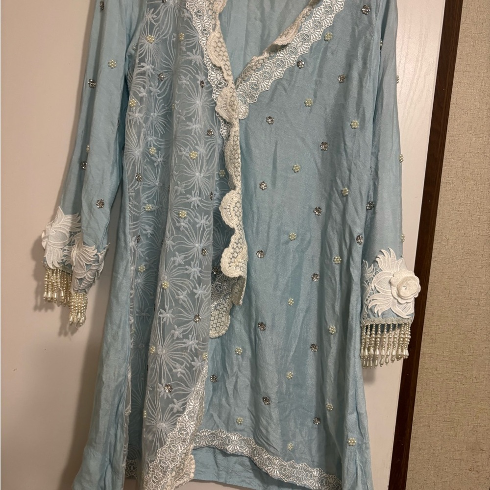 Elegant Sky Blue Embroidered top Tunic with trousers pant 2 PCs medium